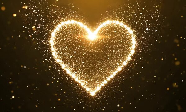 Golden sparkling heart shape animation glowing on a black background