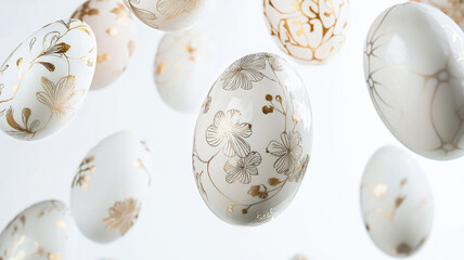 A crisp white background with delicately painted eggs suspended mid-air, creating the illusion of a floating design. The eggs feature fine floral and geometric details in pastel and gold tones.