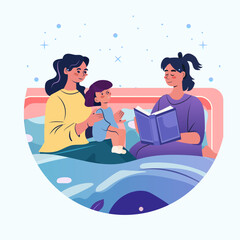 Family bedtime story reading scene cozy bedroom mother child book stars