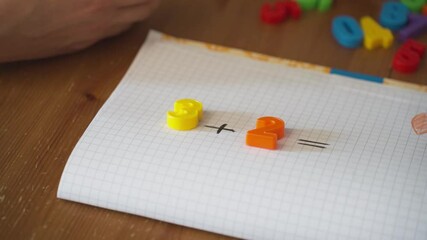 Hand pointing at a math puzzle with numbers