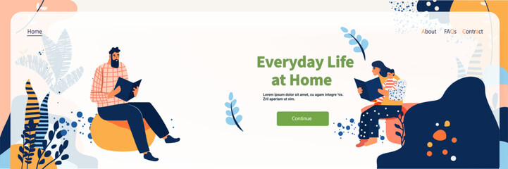 Family reading together at home cozy scene with a man and woman reading books surrounded by abstract plants and decorative elements website banner