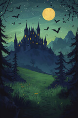 Fototapeta premium A spooky castle illuminated by a full moon, surrounded by bats and dark mountains.