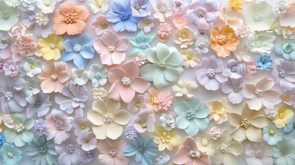 色とりどりパステルカラーのきれいな花を3Dで立体的に描いたAI生成画像