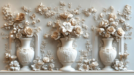 Elegant Floral Bas-Relief, Three ornate vases filled with carved flowers, showcasing intricate detailing and a refined aesthetic.