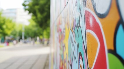 Colorful graffiti on a wall near a pathway in a vibrant urban setting.