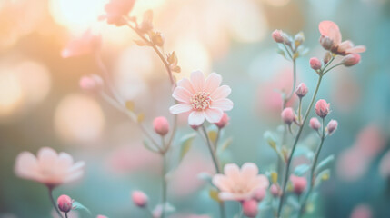 Obraz premium Soft pink flowers bloom in a serene garden during a golden hour sunset