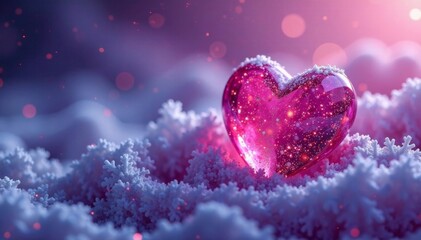 Fototapeta premium Icy heart with frosty edges on a swirly mix of purple and pink hues, surrounded by snowflakes and glitter , winter wonderland, valentines day