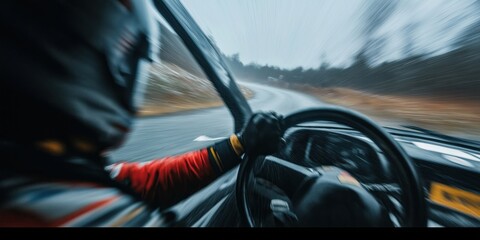 Rally driver controls car intensely on wet road. Focus on steering wheel, blurry background. Action shot shows moment of high-speed motorsport adventure. Driver demonstrates driving skill in rally