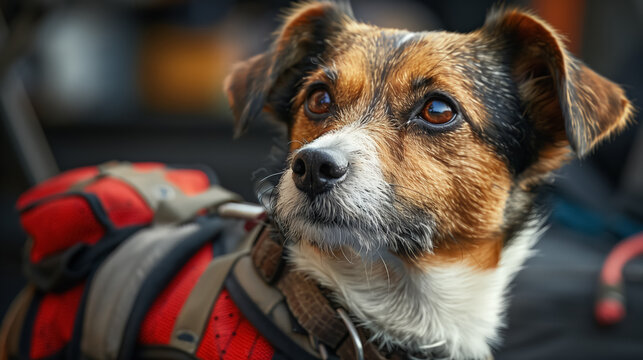 Adorable small dog in red backpack looking upward with curious expression