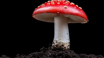 Red Mushroom on Black: A vibrant red and white mushroom stands tall against a dramatic black background, showcasing its intricate details and captivating beauty.