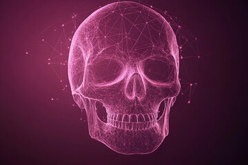 Pink Digital Skull, Networked Anatomy,  Connecting Points Illuminate Mortality Mysteriously.
