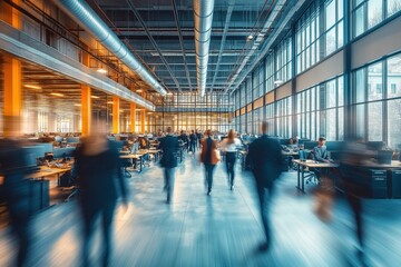 Busy modern office space with many people walking. High ceilings, large windows. Exposed ductwork shows industrial design. Workers in motion, suggesting dynamic, active work environment. Open plan