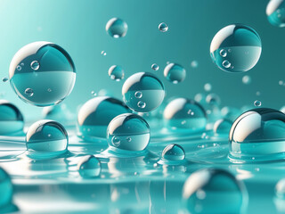 A vibrant close-up of transparent water or oil droplets on a smooth turquoise surface, creating a clean and dynamic composition.