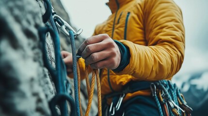Close-up of climber adjusting safety equipment. Climber checks climbing ropes, gear on rock face. Focus on hands, accessories for mountaineering activity. Person wearing protective gear. Outdoor