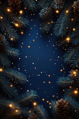 Christmas pine branches with golden lights create festive mood against dark blue background. Holiday spirit shines through soft golden lights. Winter scene with nature elements. Cozy, serene. Perfect