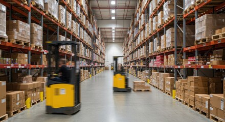 Modern warehouse with forklifts moving amidst tall shelved inventory
