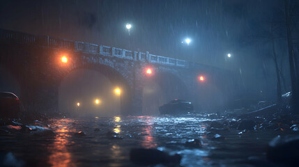 Rainy Night Drive Under Bridge, Cars Pass Silently,  Mysterious Ambiance, Dark Cityscape