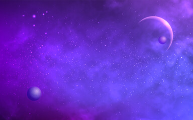 Space planets. Cosmos background with realistic nebula. Fantastic starry universe. Outer space wallpaper for poster or banner. Planet with eclipse effect. Abstract color galaxy. Vector illustration.
