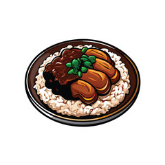 Create a detailed vector illustration of succulent braised pork belly, glistening with rendered fat, in a rustic ceramic bowl.  Show rich, dark sauce.