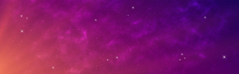 Galaxy background. Bright glowing cosmos. Wide starry wallpaper. Color milky way. Shining universe with stars. Deep space with sunlight and constellation. Vector illustration.