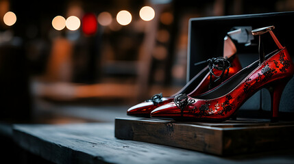 Naklejka premium Elegant Red High Heels with Lace Detail, Displayed on Wooden Surface in a Dark Setting. Fashionable Footwear Showcases Exquisite Craftsmanship, Perfect for Evening Events.