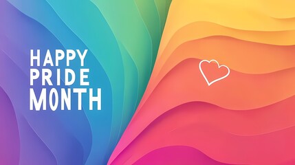 Pride Day themed rainbow gradient background with the text "HAPPY PRIDE MONTH" and an outline of a heart in white on one side, minimal design