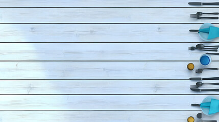 Table Setting on Light Wood, Elegant Dinnerware, Cutlery, and Place Settings on a Rustic Wooden Surface, Ready for a Meal.