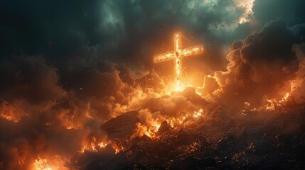 Obraz premium A cross is standing on the mountain with Jesus's arms raised high .