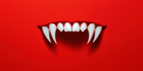 Close up view of vampire fangs against vibrant red background. Sharp white fangs displayed in center of image. Red backdrop evokes sense of fear, menace. Image perfect for halloween, horror themed