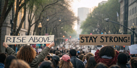 Large protest crowd in an urban setting holding signs with messages 'Rise Above' and 'Stay Strong,' symbolizing unity, resilience, and a call for social change.