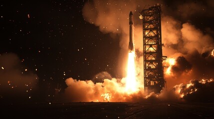 Fototapeta premium Night Launch of Rocket into Space: A Spectacle of Fire and Stars