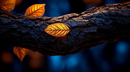 Autumnal Embrace: Two golden leaves cling to a dark, textured tree branch, illuminated against a moody blue backdrop. A serene image evoking the beauty of autumn's transition. 