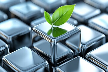 Green Leaf on Metallic Cubes Conceptual Image