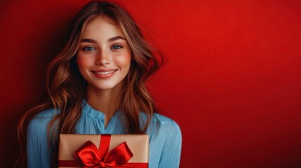 Fototapeta premium A cheerful young woman joyfully holding a beautifully wrapped gift box against a bold red backdrop, perfect for holiday promotions and celebrations.