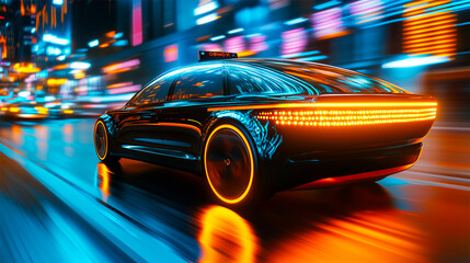 An AI generative image of futuristic EV taxi moving in the city during night time.