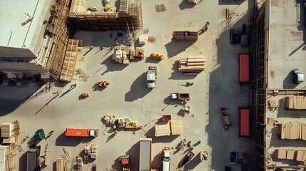 Fototapeta premium Aerial View of a Construction Site Workers and Materials