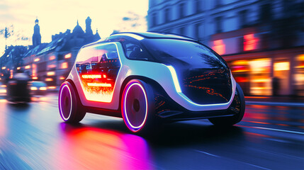 An AI generative image of futuristic EV taxi moving in the city during night time.
