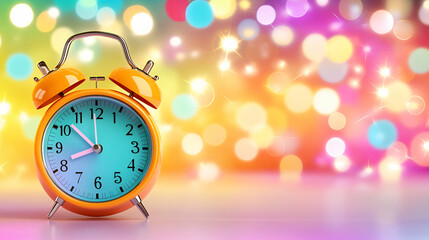 Vibrant Alarm Clock Shows Time Against Festive Lights:  Celebrating joyous moments with cheerful timekeeping.