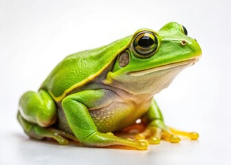 Obraz premium High-resolution studio shot of a green frog, isolated on white. Detailed macro portrait showcasing its texture and pose.