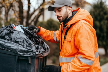Fototapeta premium Man in Orange Jacket Neatly Sorts Through Garbage Bin