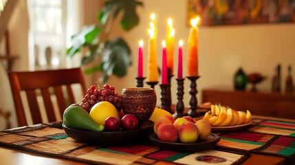 Festive Kwanzaa table decorated with a kinara, fruit, unity cup, and woven mats, creating a warm and inviting atmosphere for a joyful celebration