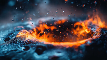 A fiery vortex surrounded by droplets, showcasing the dynamic interplay of fire and water in an intense, visually striking scene.