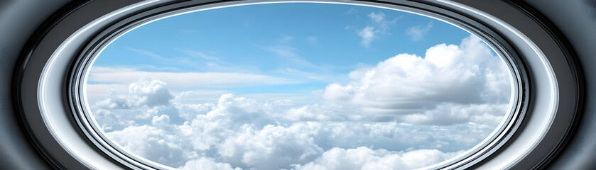 Naklejka premium Cloudscape Viewed Through a Porthole, A Breathtaking Aerial Perspective of Fluffy Cumulus Clouds Against a Vivid Azure Sky, Inspiring Serenity and Wonder.