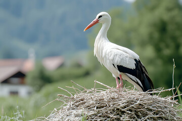 Fototapeta premium White Stork Perched on Nest, Rural Setting, Wildlife