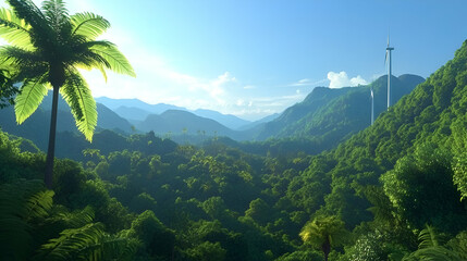 Fototapeta premium Tropical Rainforest with Wind Turbines, Sustainable Energy in Lush Landscape, Generating Clean Power Efficiently and Eco-Friendly