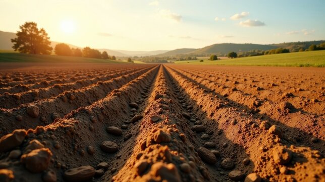 Golden Hour Farmland Rows of tilled soil ready for planting, bathed in the warm light of the setting sun.