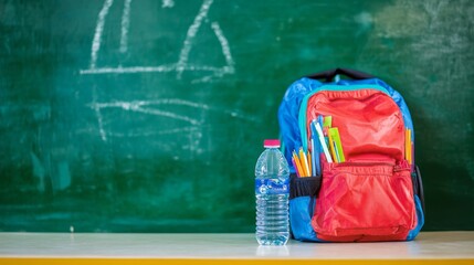 Colorful school backpack with water bottle, notebooks, and stationery on white table near green chalkboard for educational content and student supplies