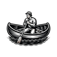 Create a detailed vector illustration, in the style of an antique engraving, depicting an American person paddling a canoe on calm water.