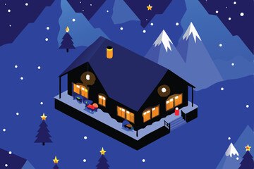 Fototapeta premium A picturesque snow-covered mountain chalet with a New Year's Eve (3) celebratory atmosphere.