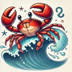 Cancer crab jumping over a wave with a determined expression